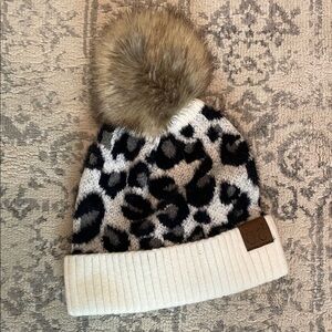 CC Boutique Black and White Leopard Beanie with Brown Pom